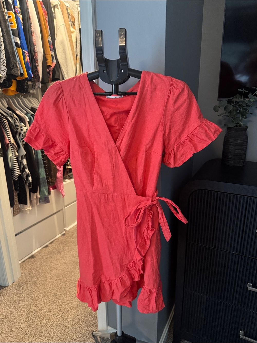 Coral Wrap Ruffle Dress